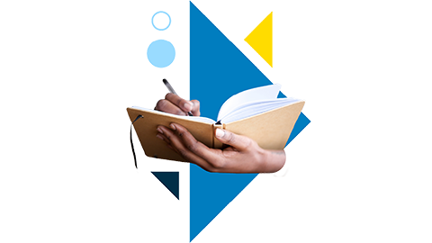 a soul specialty graphic that includes circe and triangle shapes and an image of hands writing in a journal.