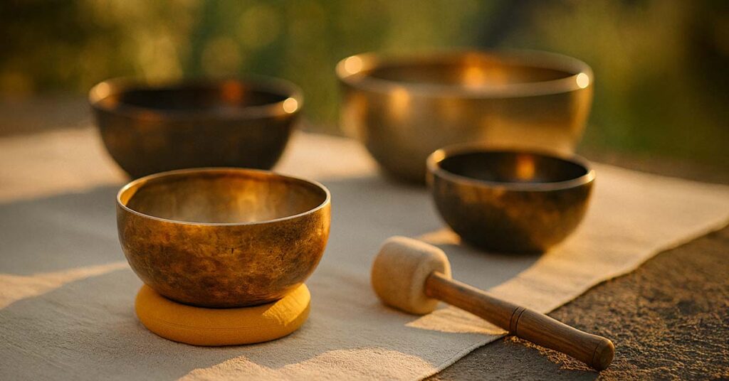 Sound healing therapy bowls on a woven mat.