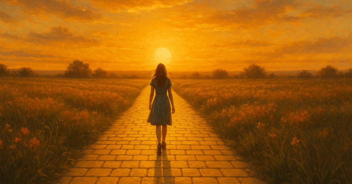 Young woman following the yellow brick road toward a sunset.