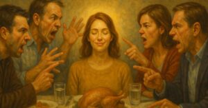 Young woman is calm and at peace while the family's political conversations at dinner get heated.