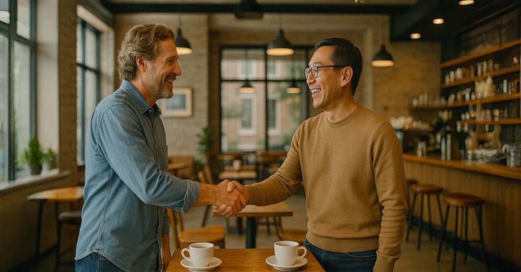 Two friends shaking, welcoming each other in a coffee shop, representing mutual benefit and the Law of Reciprocity