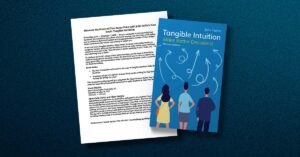 A press release (sheet of paper) and copy of Julie Farha's book Tangible Intutiion: Make Better Decisions! grouped together over a dark blue background.