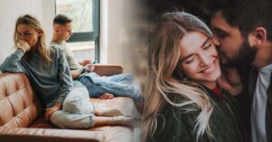Split image showing relationship transition: woman feeling disconnected from partner on left, happy couple sharing intimate moment on right