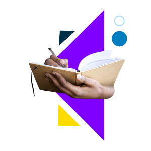 Channel soul specialties icon. Geometric shapes and hands holding a journal and pen.